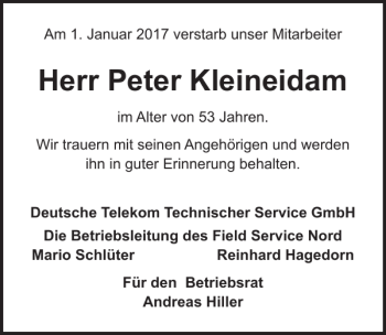 Traueranzeige von Peter Kleineidam von Ostsee-Zeitung