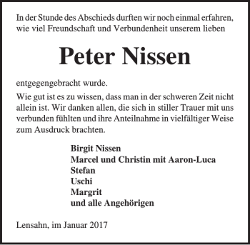 Traueranzeige von Peter Nissen von Lübecker Nachrichten