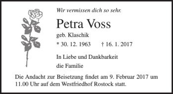 Traueranzeige von Petra Voss von Ostsee-Zeitung