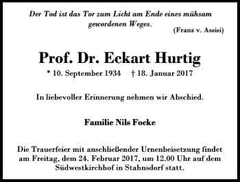 Traueranzeige von Prof. Dr. Eckart Hurtig von MAZ-Trauer.de