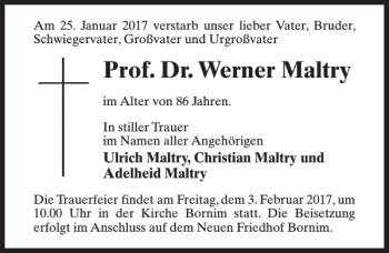 Traueranzeige von Prof. Dr. Werner Maltry von MAZ-Trauer.de