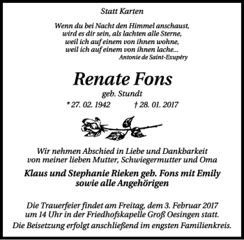 Traueranzeige von Renate Fons von Aller Zeitung / Wolfsburger Allgemeine