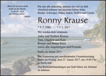 Traueranzeige von Ronny Krause von Ostsee-Zeitung
