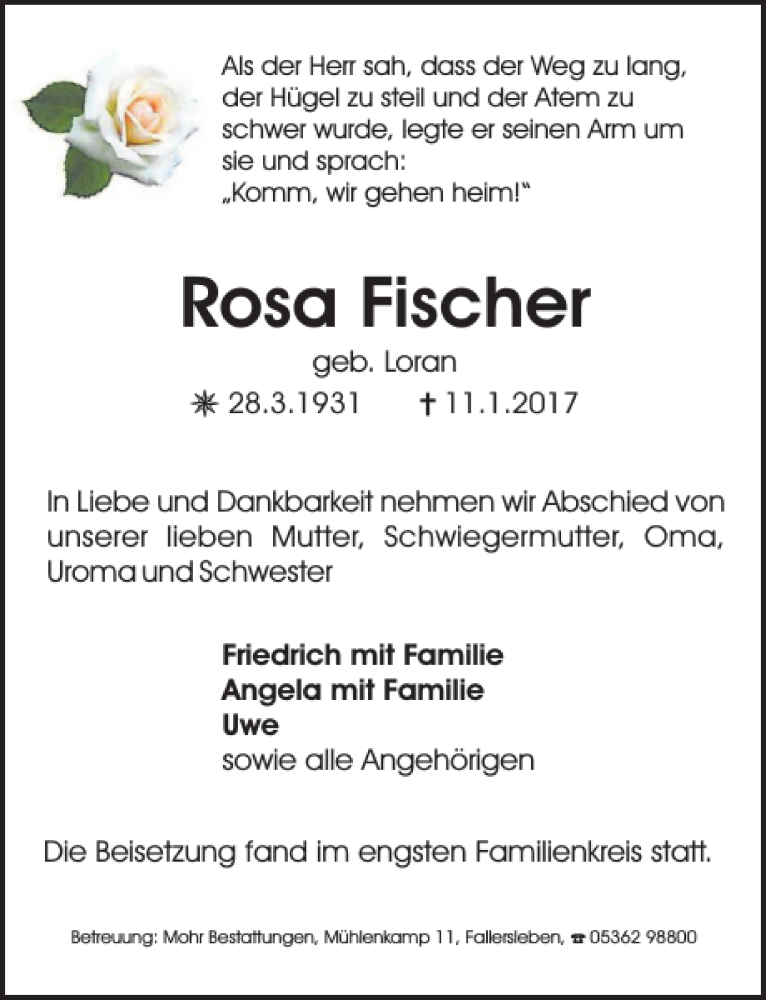  Traueranzeige für Rosa Fischer vom 23.01.2017 aus Aller Zeitung / Wolfsburger Allgemeine