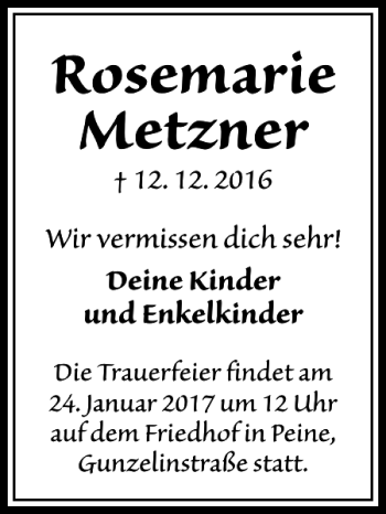 Traueranzeige von Rosemarie Metzner von Peiner Allgemeine Zeitung