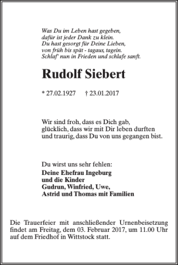 Traueranzeige von Rudolf Siebert von MAZ-Trauer.de