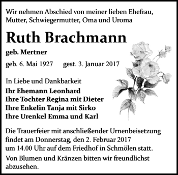 Traueranzeige von Ruth Brachmann von Leipziger Volkszeitung