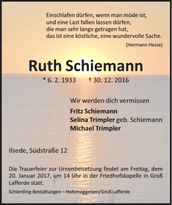 Traueranzeige von Ruth Schiemann von Peiner Allgemeine Zeitung