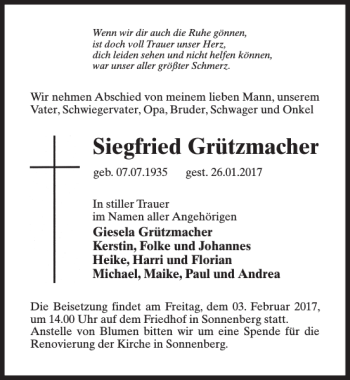 Traueranzeige von Siegfried Grützmacher von MAZ-Trauer.de