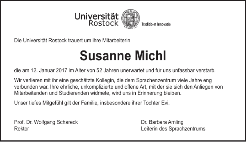  Traueranzeige für Susanne Michl vom 21.01.2017 aus Ostsee-Zeitung