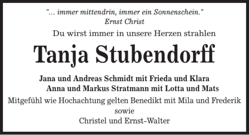  Traueranzeige für Tanja Stubendorff vom 11.01.2017 aus Kieler Nachrichten / Segeberger Zeitung