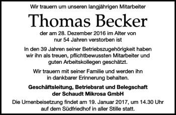 Traueranzeige von Thomas Becker von Leipziger Volkszeitung