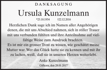 Traueranzeige von Ursula Kunzelmann von Aller Zeitung / Wolfsburger Allgemeine