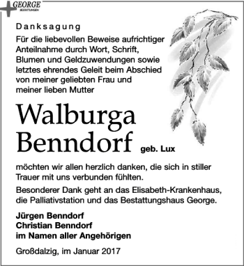 Traueranzeige von Walburga Benndorf von Leipziger Volkszeitung