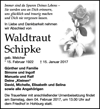Traueranzeige von Waldtraut Schipke von Leipziger Volkszeitung