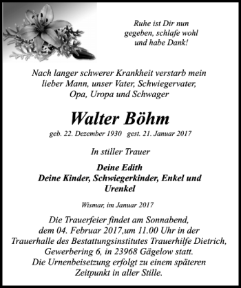 Traueranzeige von Walter Böhm von Ostsee-Zeitung