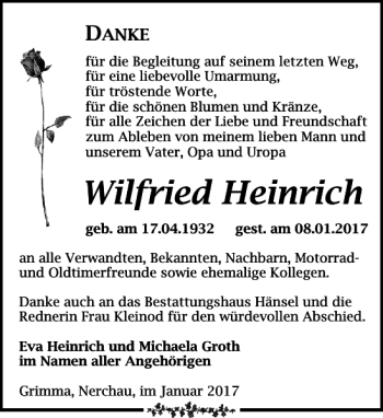 Traueranzeige von Wilfried Heinrich von Leipziger Volkszeitung