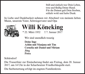 Traueranzeige von Willi Köneking von Lübecker Nachrichten