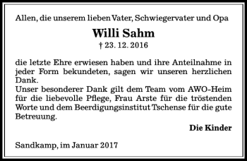 Traueranzeige von Willi Sahm von Aller Zeitung / Wolfsburger Allgemeine