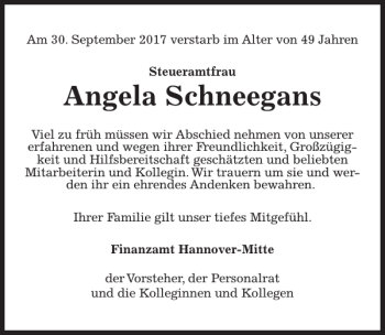 Traueranzeige von Angela Schneegans von HAZ/NP