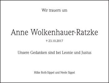 Traueranzeige von Anne Wolkenhauer-Ratzke von Göttinger Tageblatt