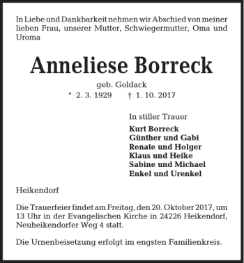 Traueranzeige von Anneliese Borreck von Kieler Nachrichten / Segeberger Zeitung