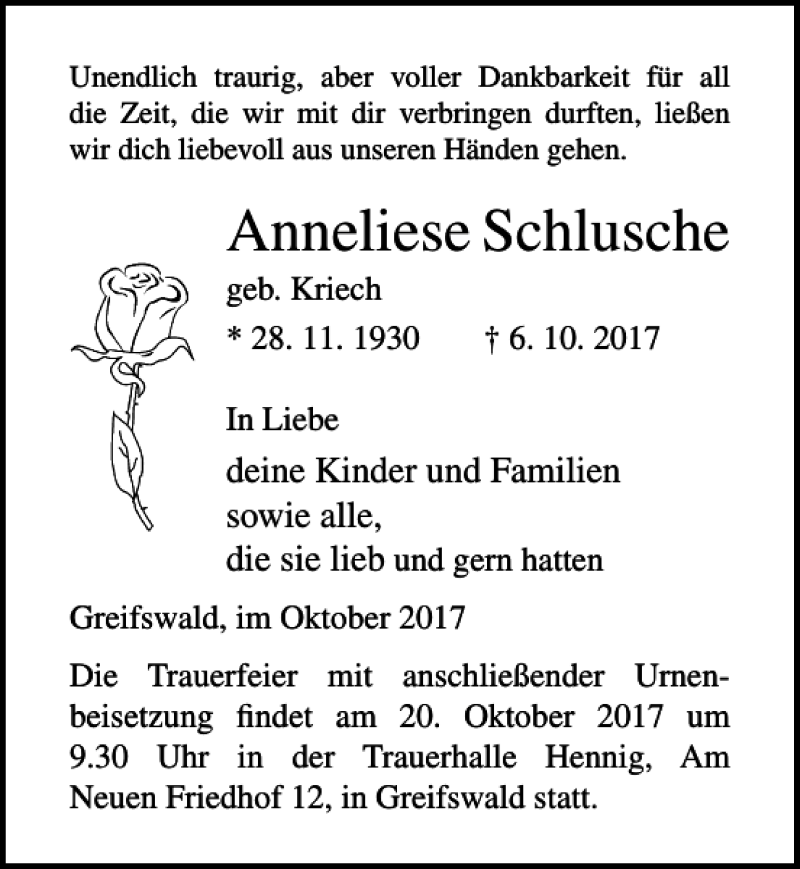  Traueranzeige für Anneliese Schlusche vom 14.10.2017 aus Ostsee-Zeitung