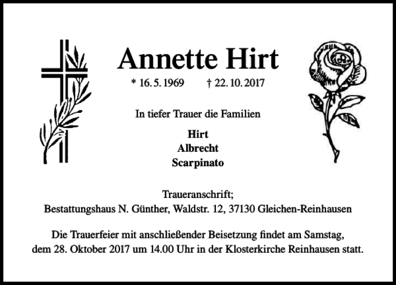  Traueranzeige für Annette Hirt vom 26.10.2017 aus Göttinger Tageblatt