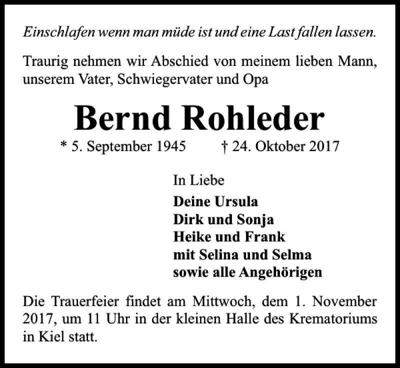  Traueranzeige für Bernd Rohleder vom 28.10.2017 aus Kieler Nachrichten / Segeberger Zeitung