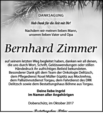 Traueranzeige von Bernhard Zimmer von Leipziger Volkszeitung