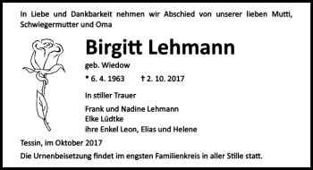 Traueranzeige von Birgitt Lehmann von Ostsee-Zeitung