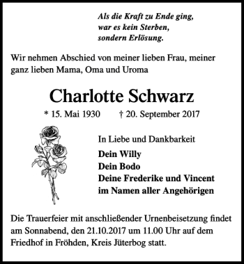 Traueranzeige von Charlotte Schwarz von MAZ-Trauer.de