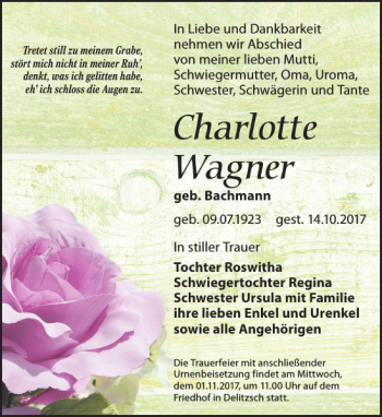 Traueranzeige von Charlotte Wagner von Leipziger Volkszeitung