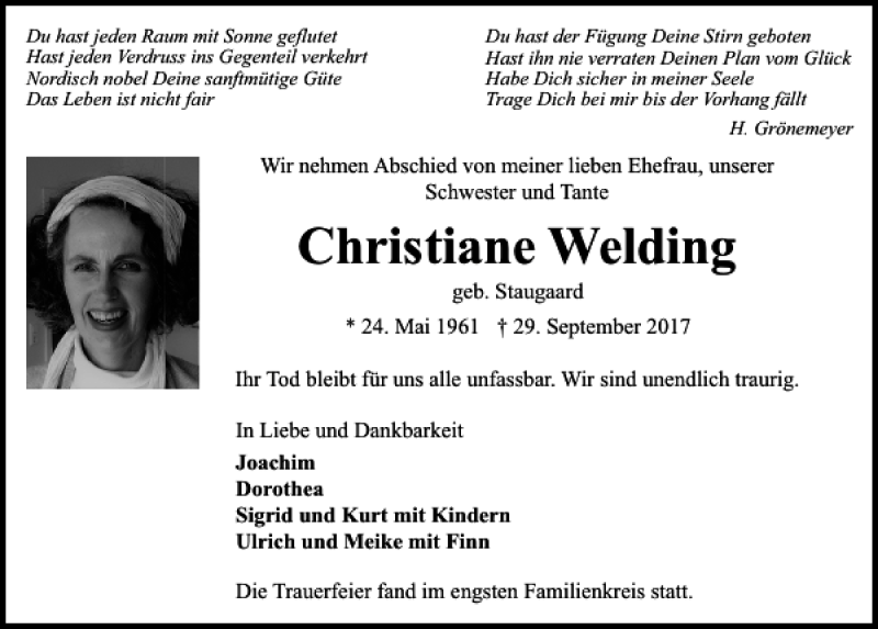  Traueranzeige für Christiane Welding vom 07.10.2017 aus Kieler Nachrichten / Segeberger Zeitung