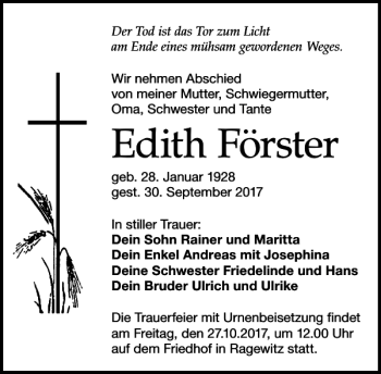 Traueranzeige von Edith Förster von Leipziger Volkszeitung