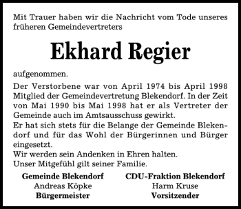 Traueranzeige von Ekhard Regier von Kieler Nachrichten / Segeberger Zeitung