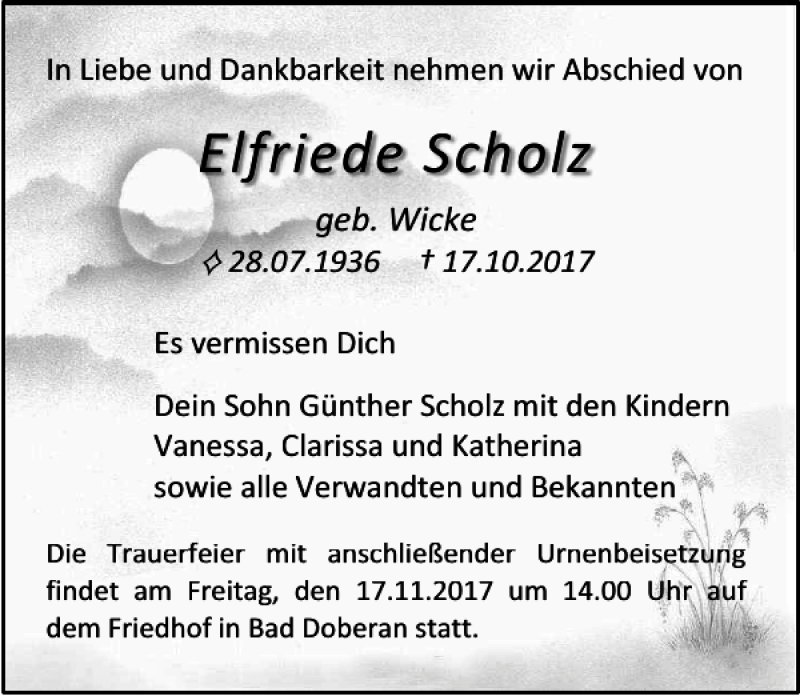  Traueranzeige für Elfriede Scholz vom 28.10.2017 aus Ostsee-Zeitung