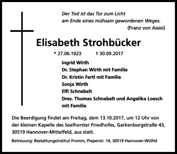 Traueranzeige von Elisabeth Strohbücker von HAZ/NP