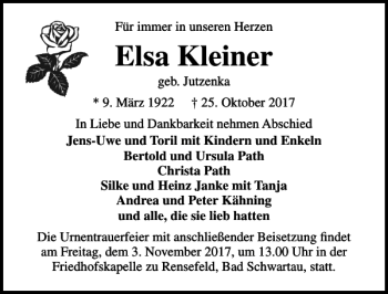 Traueranzeige von Elsa Kleiner von Lübecker Nachrichten