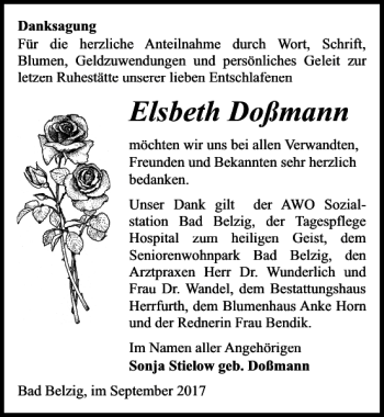 Traueranzeige von Elsbeth Doßmann von MAZ-Trauer.de