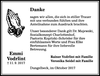 Traueranzeige von Emmi Vodrlint von Peiner Allgemeine Zeitung