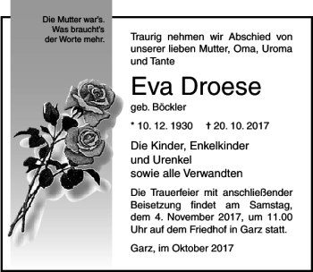 Traueranzeige von Eva Droese von Ostsee-Zeitung