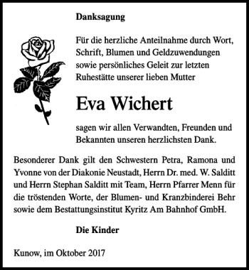 Traueranzeige von Eva Wichert von MAZ-Trauer.de