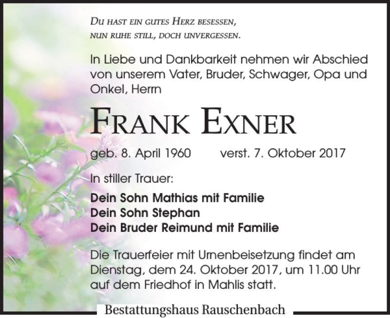 Traueranzeigen von Frank Exner traueranzeigen.de