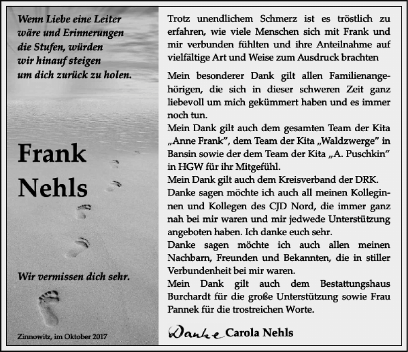  Traueranzeige für Frank Nehls vom 28.10.2017 aus Ostsee-Zeitung