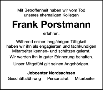 Traueranzeige von Frank Porstmann von Leipziger Volkszeitung