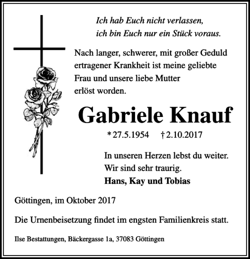 Traueranzeige für Gabriele Knauf vom 07.10.2017 aus Göttinger Tageblatt