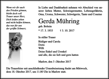 Traueranzeige von Gerda Mühring von Ostsee-Zeitung