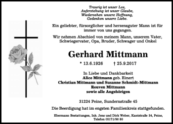 Traueranzeige von Gerhard Mittmann von Peiner Allgemeine Zeitung