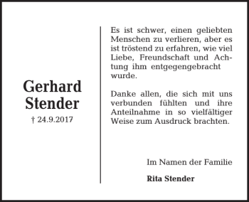 Traueranzeige von Gerhard Stender von Kieler Nachrichten / Segeberger Zeitung